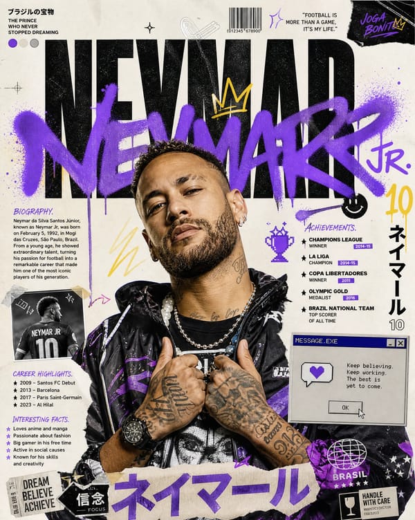 Create an ultra-premium modern Japanese street-art editorial poster featuring NEYMAR JR as the main… prompt example