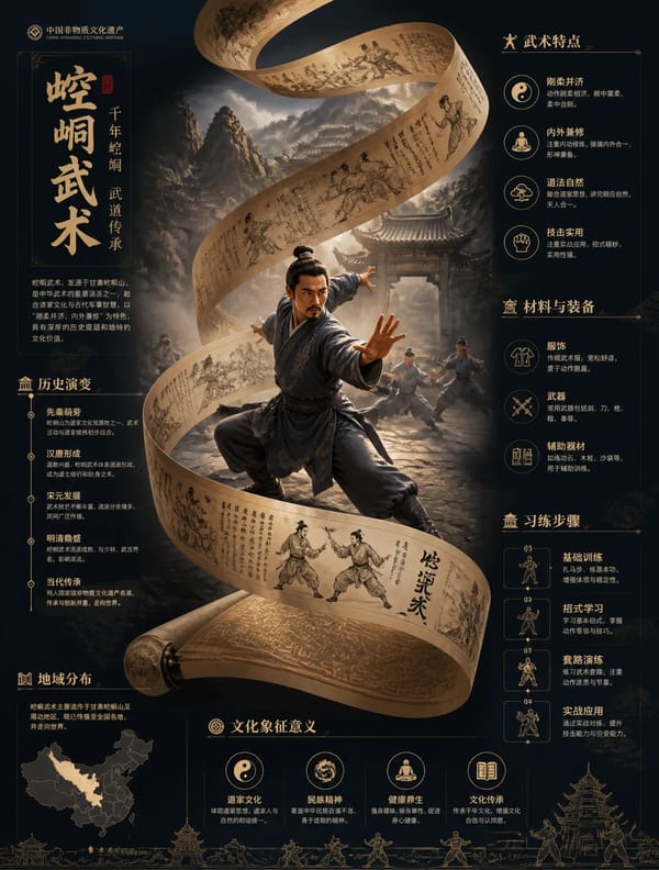 中国非物质文化遗产信息图海报，竖版3:4构图画面中心:展示崆峒武术‌的核心场景(工艺制作/表演/人物操作)，具有强叙事感视觉主结构:一条巨大的丝带/卷轴在空间中盘旋贯穿画面，表面装饰与[主题]相关的… prompt example