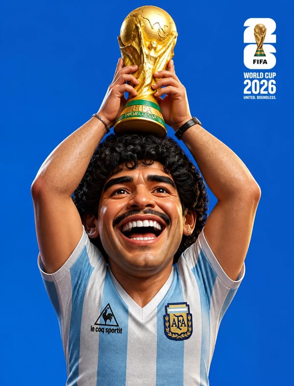 A 3D cartoon realistic caricature of Diego Maradona. He has an exaggeratedly large head with hi…