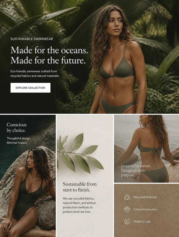 Sustainable eco-friendly swimwear collection, natural organic materials, recycled fabrics, eart…