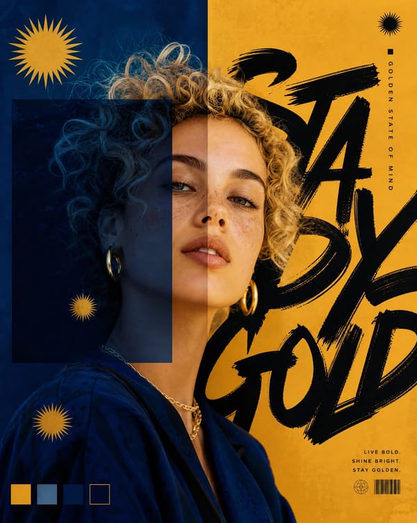 Azure & Gold Editorial portrait of a young woman with curly blonde hair, split composition with dee… prompt example