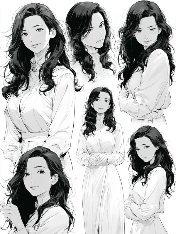 Ultra detailed manga character sheet, elegant Japanese mother, age early 40s, long dark wavy ha…
