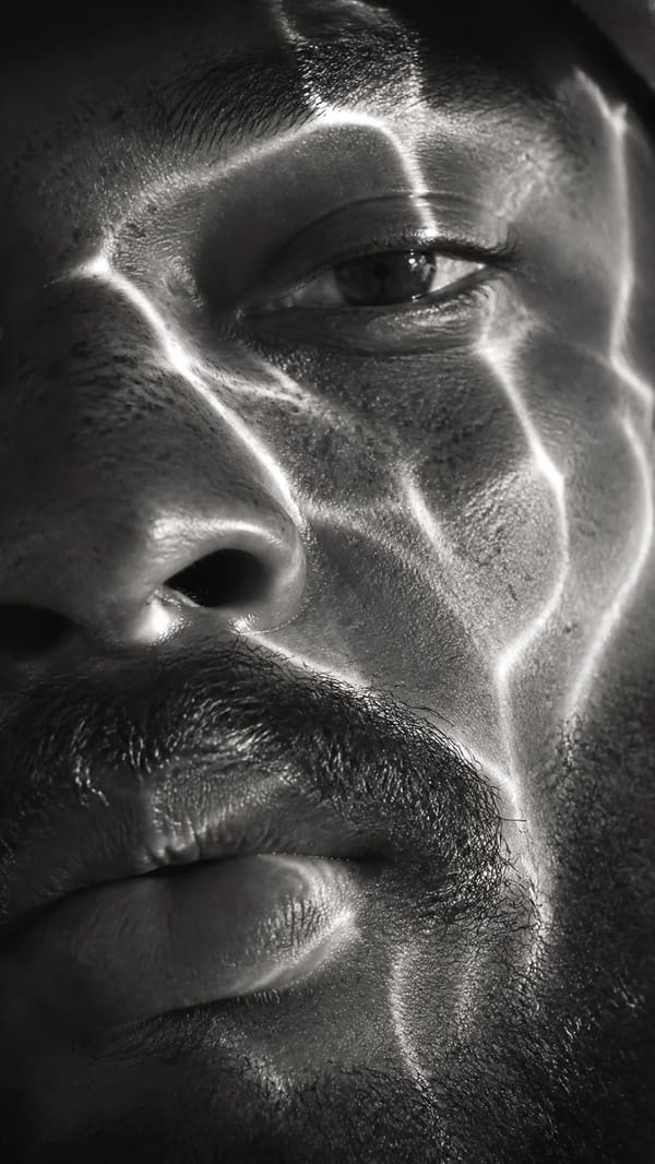 A hyperrealistic 8K black and white extreme close-up portrait of a young man's face, focusing t…
