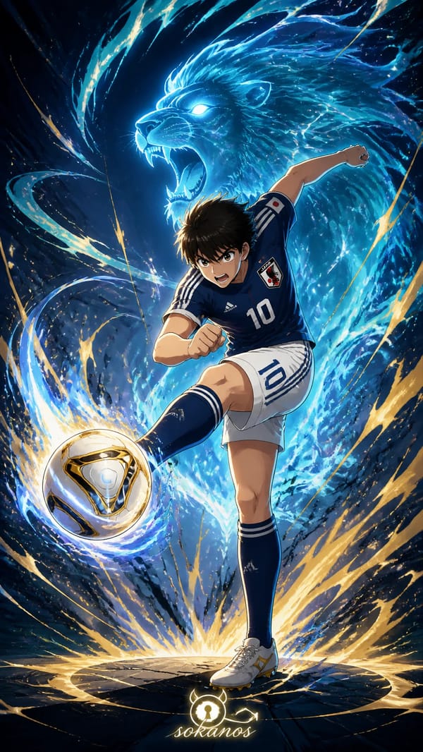 A legendary premium anime poster of Tsubasa Ozora in a stylized modern sports illustration, ult…