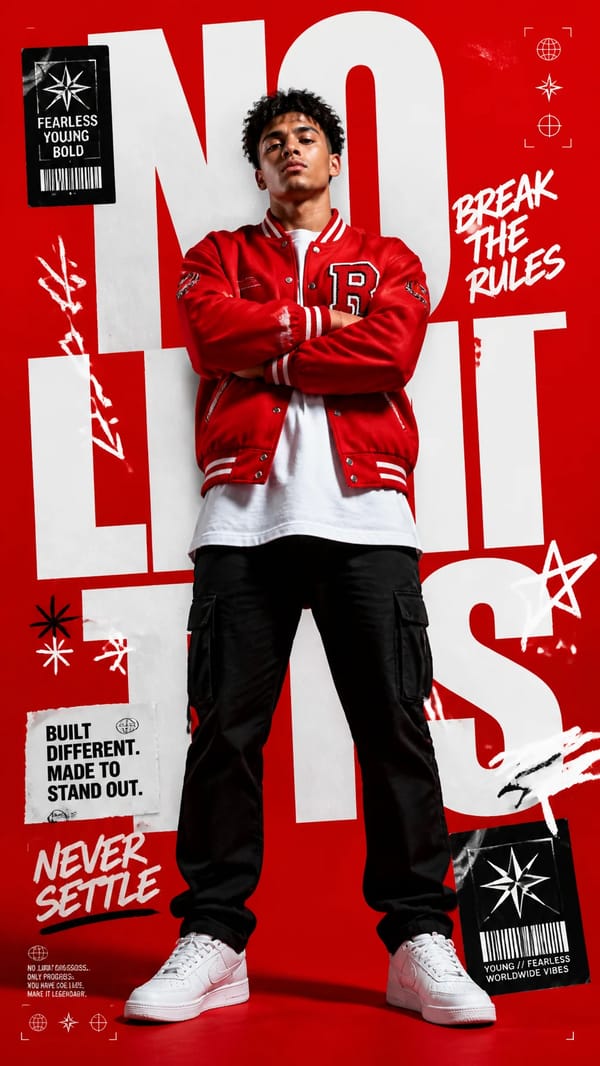 A premium 9:16 streetwear editorial advertising poster.Main Subject:A confident young male mode…