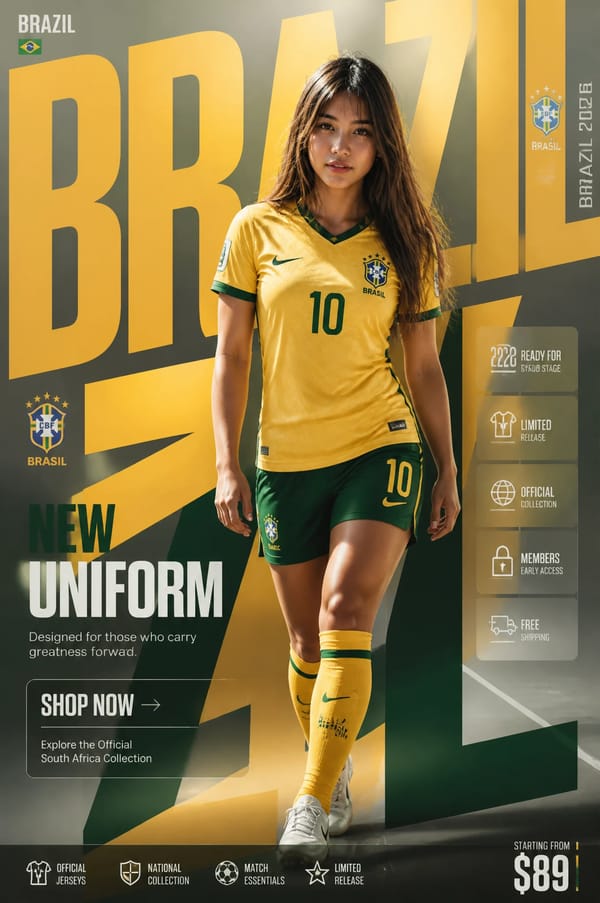 BRAZIL NATIONAL TEAM"NEW UNIFORM"FORMATUltra-Premium Football Fashion SMM Promotional PosterVertica… prompt example