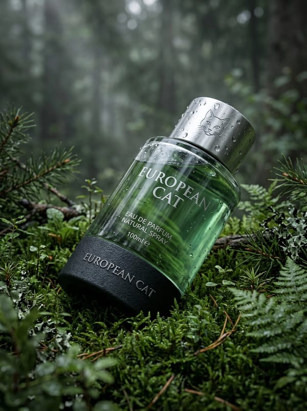 Ultra-realistic premium fragrance product shot of a EUROPEAN CAT positioned at a (low macro ang…