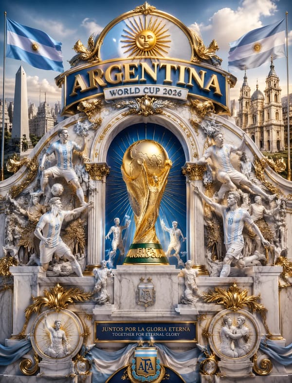 Ultra-detailed 3D baroque poster, Argentina World Cup 2026, FIFA trophy centered in marble and…
