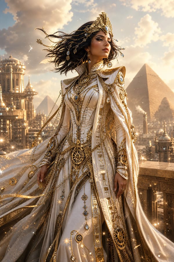 Create a cinematic fantasy portrait of the ruler of Egypt with an Egyptian steampunk aesthetic.…