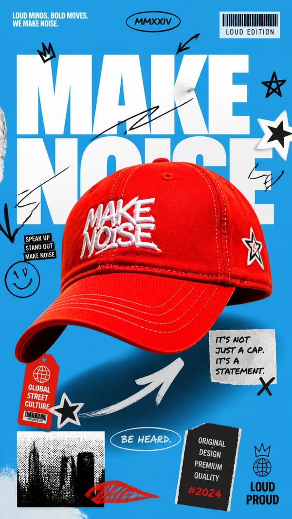 A premium 9:16 streetwear cap advertising poster.Central Subject:A single oversized bright-red base… prompt example