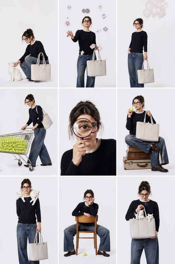 studio fashion collage, 3x3 grid layout, same subject repeated in different poses across all panels… prompt example