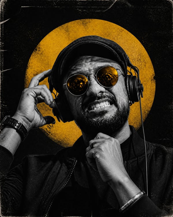 Create a dark, high‑contrast poster with a moody, underground club aesthetic. The composition featu… prompt example