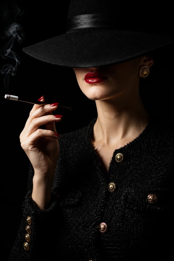 A sophisticated woman in a high-fashion black tweed jacket with gold buttons is captured in a c…