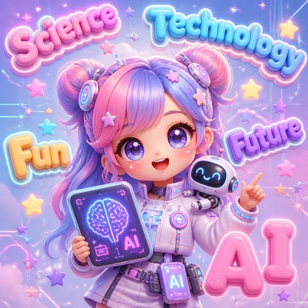 Cute 3D kawaii technophile girl mascot, chibi style, big sparkling eyes, pastel pink-blue-purple ha… prompt example