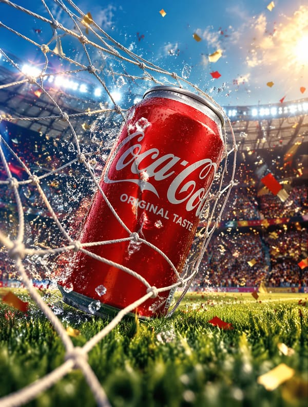 Ultra-premium Coca-Cola commercial advertising poster, official FIFA-inspired football campaign…