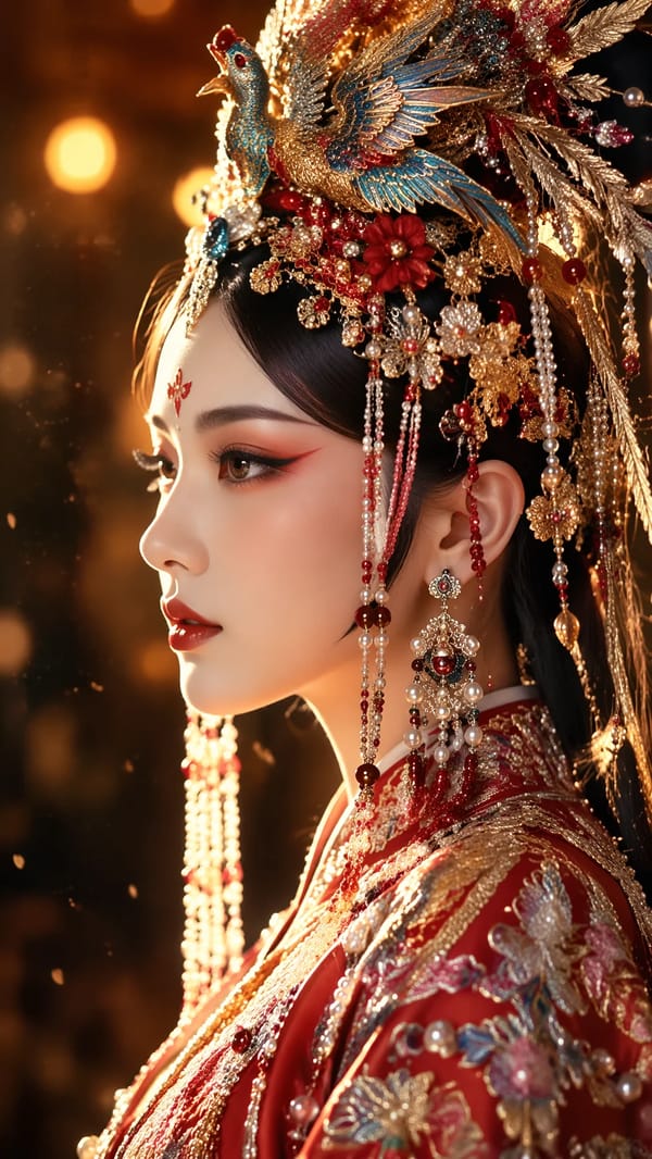 Vertical close-up profile portrait, Chinese opera beauty girl, exquisite Peking opera stage mak…