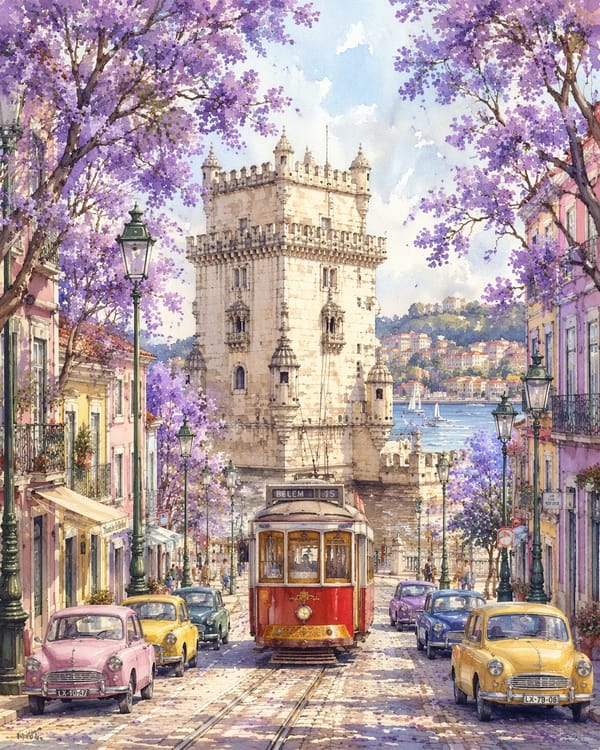 Vertical watercolor illustration, street view of Belém Tower in Lisbon Portugal, central retro ston… prompt example