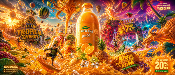 Create an insanely creative, visually overwhelming, cinematic juice advertising flyer with a un…