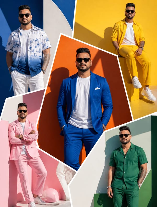 The SAME male model displayed across oversized random-shaped fashion panels inspired by modern…