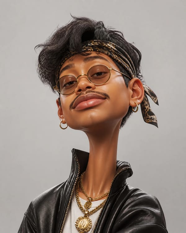 Create an exaggerated stylized 3D caricature character portrait with strong intentional deforma…