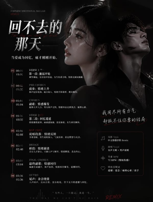 Chinese cinematic emotional ballad with male and female vocals, slow mournful half-time pulse and p… prompt example