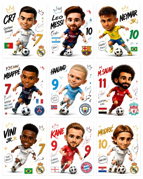 Create a collection of 9 square poster illustrations featuring famous football players in a cute ch… prompt example