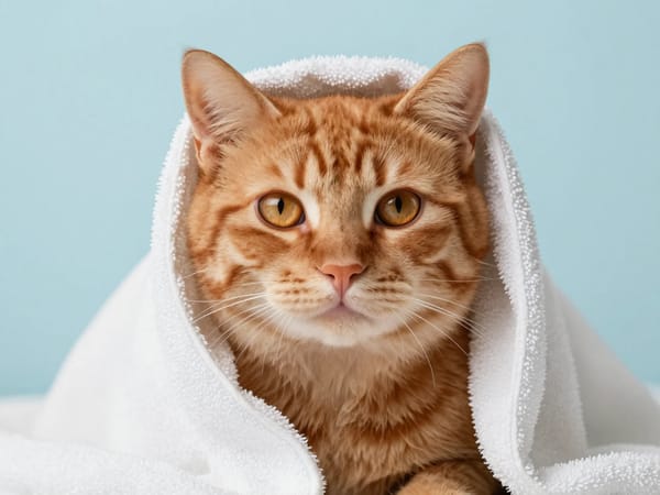 Ultra realistic portrait of a ginger cat wrapped in a soft white towel, fresh after bath, detai…