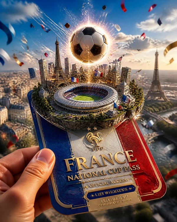 Create an ultra-detailed, cinematic 3D promotional travel-and-sports poster featuring a realist…