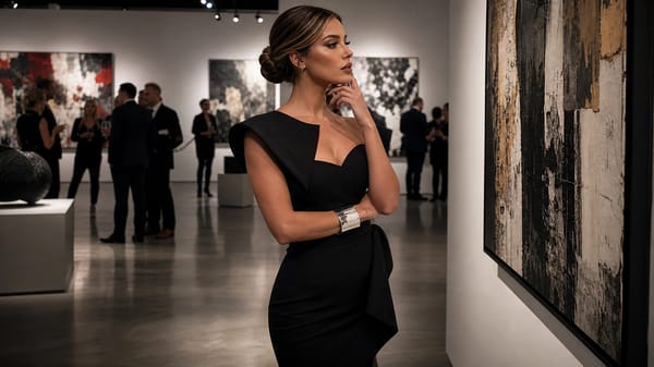 A striking woman, radiating sophistication and wealth, with a natural curvy chest and slender f…