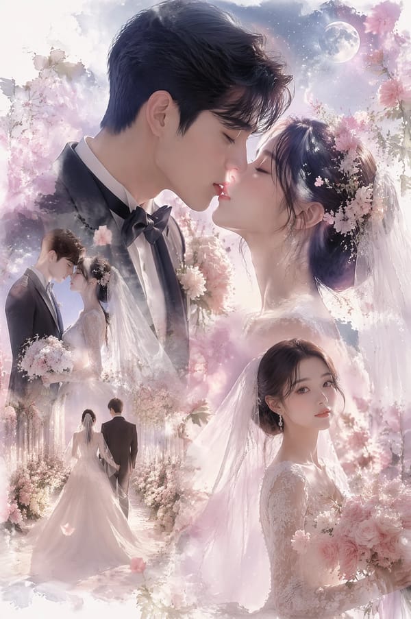 A dreamy luxury wedding portrait collage of aromantic bride and groom, intimate kiss, elegantwhite… prompt example
