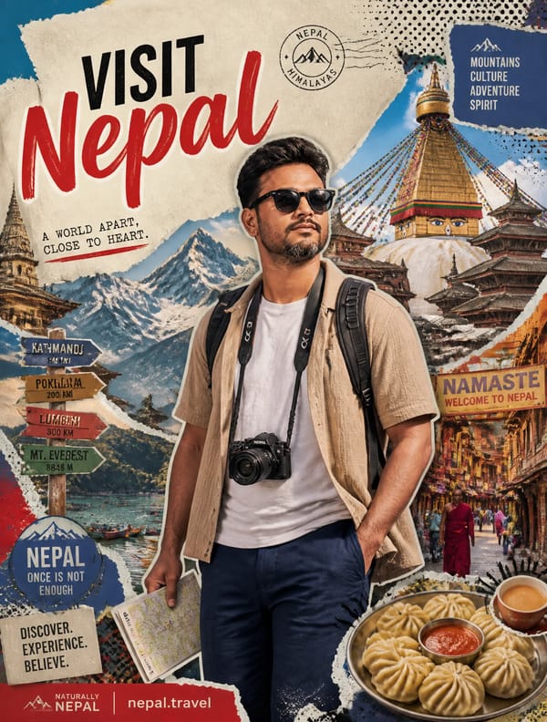 Create a stylized travel poster / graphic collage for Nepal. The main subject should be a styli…