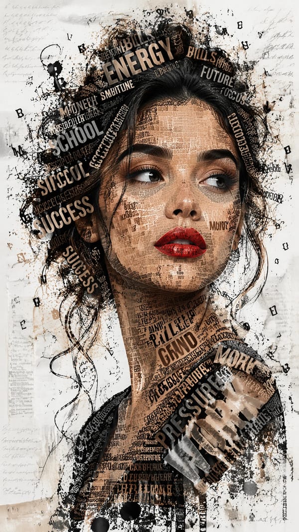 A striking typographic portrait of a young woman with a thoughtful three-quarters gaze, entirel…