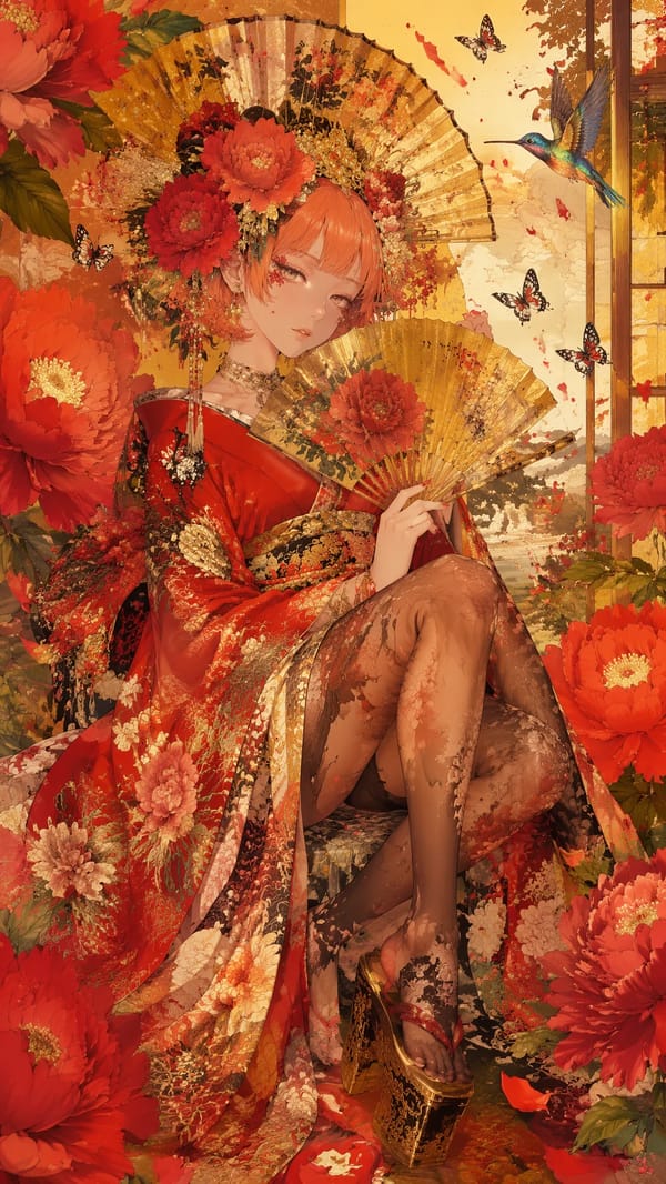 Vertical ornate ukiyo-e anime illustration, delicate young lady sitting among huge red peony fl…