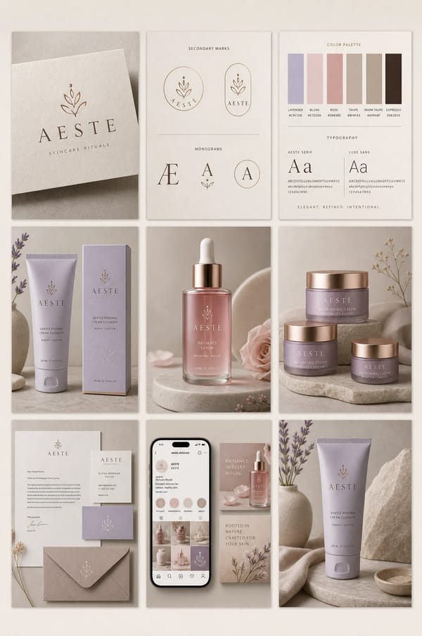 Create a complete brand identity presentation for an original premium skincare brand called "AE…