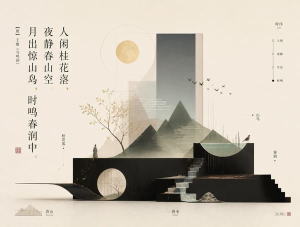 画面上要体现古诗的文字：人闲桂花落，夜静春山空。月出惊山鸟，时鸣春涧中。 prompt example