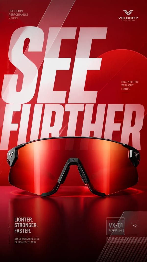 A premium commercial advertising poster for a luxury sports sunglasses launch.Central Subject:A…