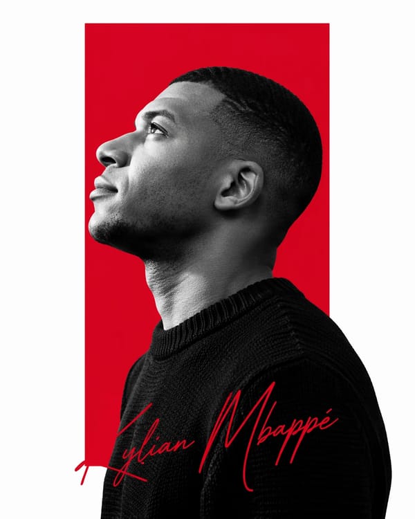 Minimalist editorial portrait poster design featuring a confident male athlete Kylian Mbappé sh…