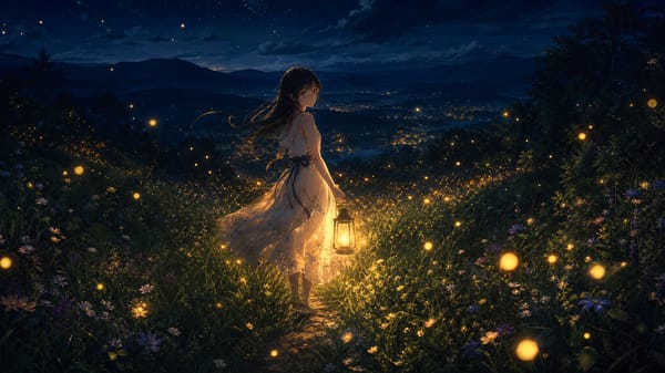 A girl walking through a meadow illuminated by thousands of glowing fireflies, warm lantern in…