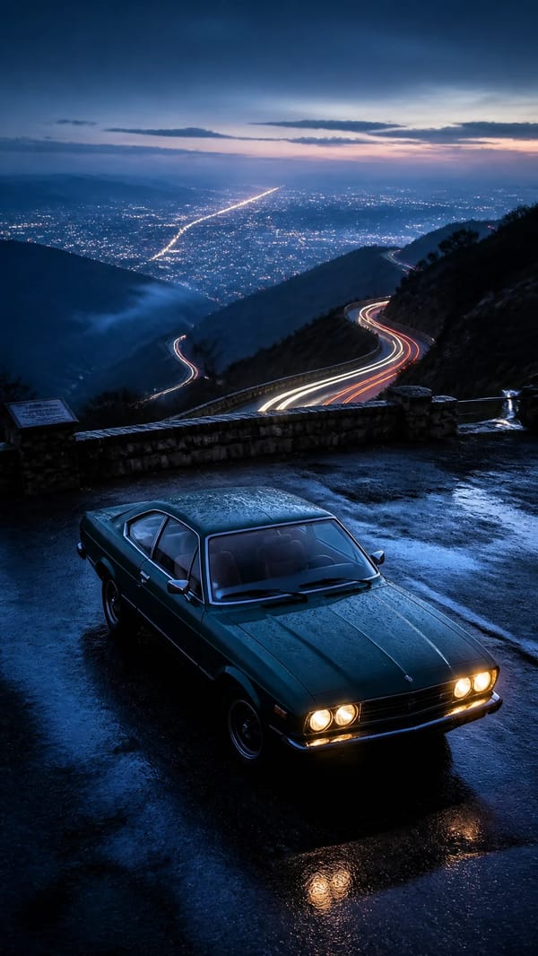 A dark emerald retro coupe stopped at a mountain lookout along a winding road above the lights of a… prompt example
