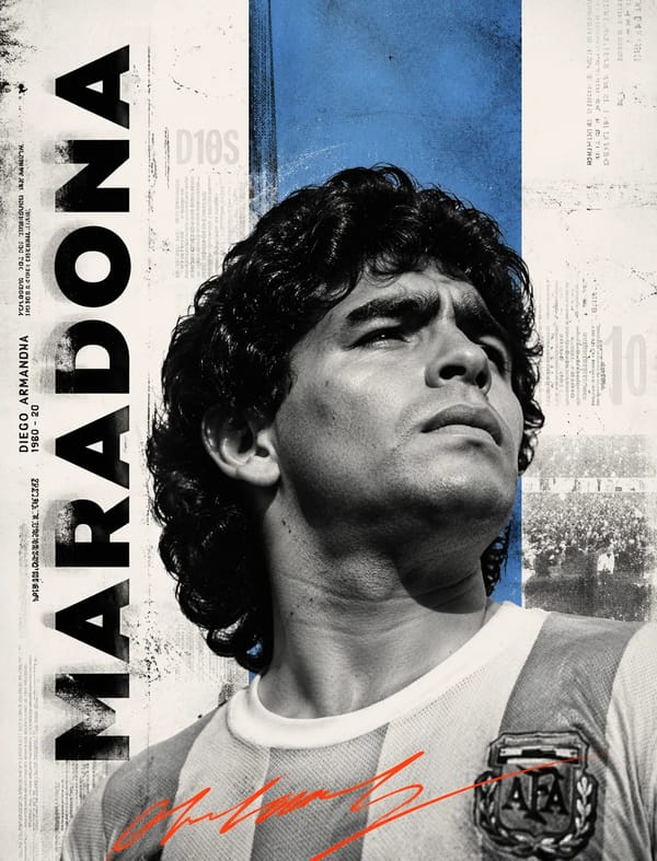 Minimalist Editorial PosterUltra-realistic black-and-white portrait of [maradona], low-angle 45° fr… prompt example