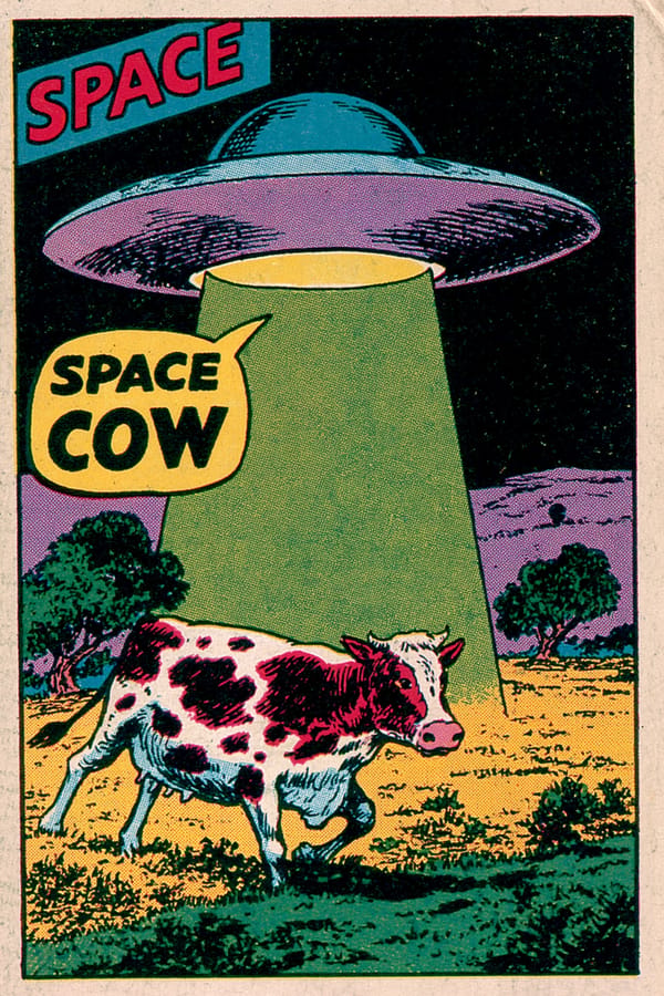 A comic book cover featuring a flying saucer using a green beam to lift a cow from a field, with th… prompt example