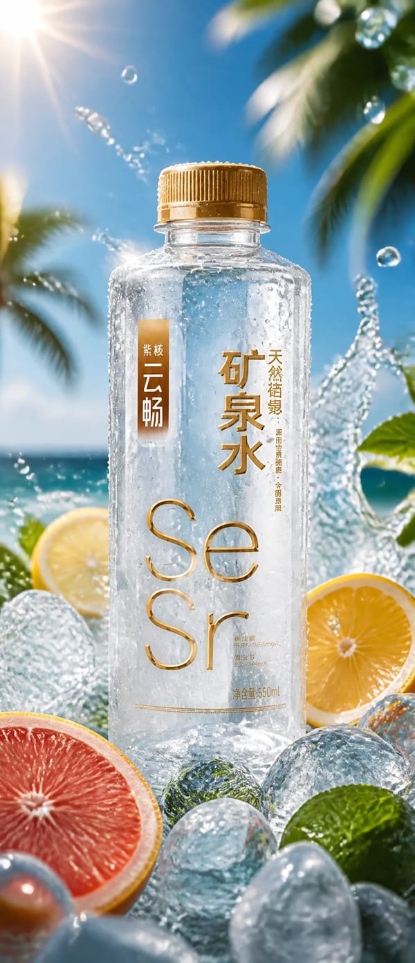 A refreshing cold drink bottle with the brand name 紫核云畅 printed on the label, placed on wet ice…