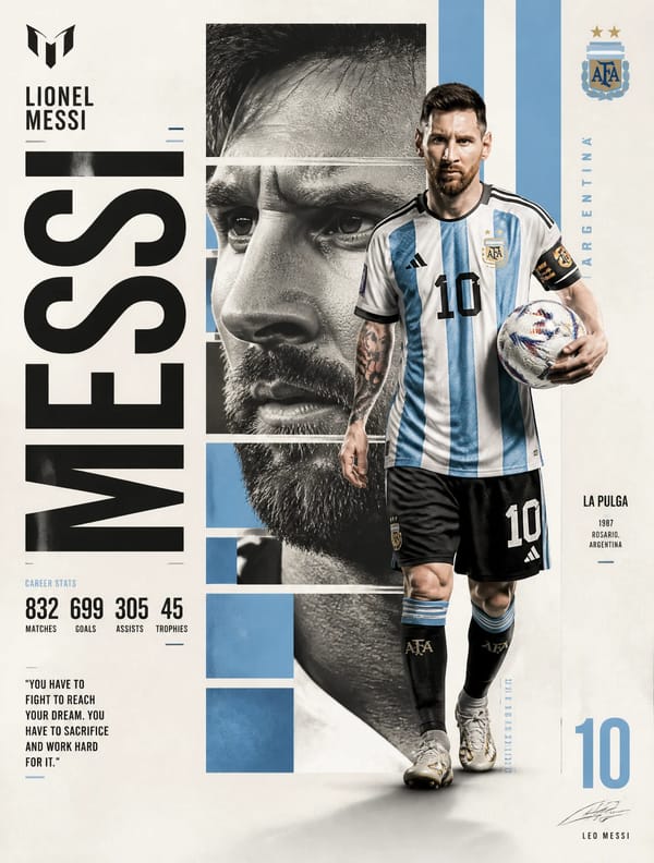 A professional sports graphic design poster of Lionel Messi, designed in a clean, modern, minim…