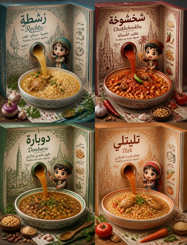 2x2 grid featuring four iconic Algerian dishes: Rechta, Chakhchoukha, Doubara, and Tlitli. Each qua… prompt example