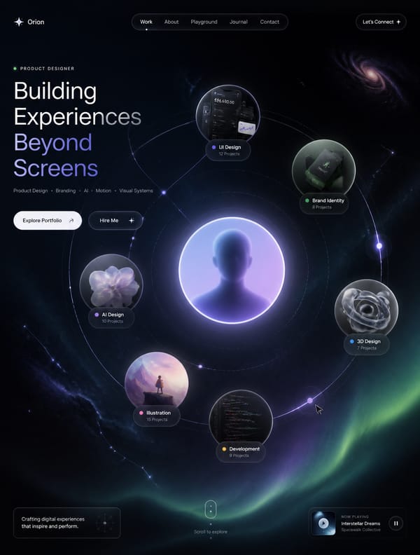 Create an ultra-premium portfolio hero section where all creative work orbits around the design…