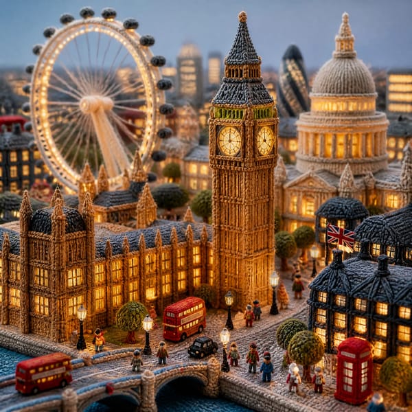“Vertical composition, 1080x1080. A miniature [City] made entirely in knitted yarn-art style. I…
