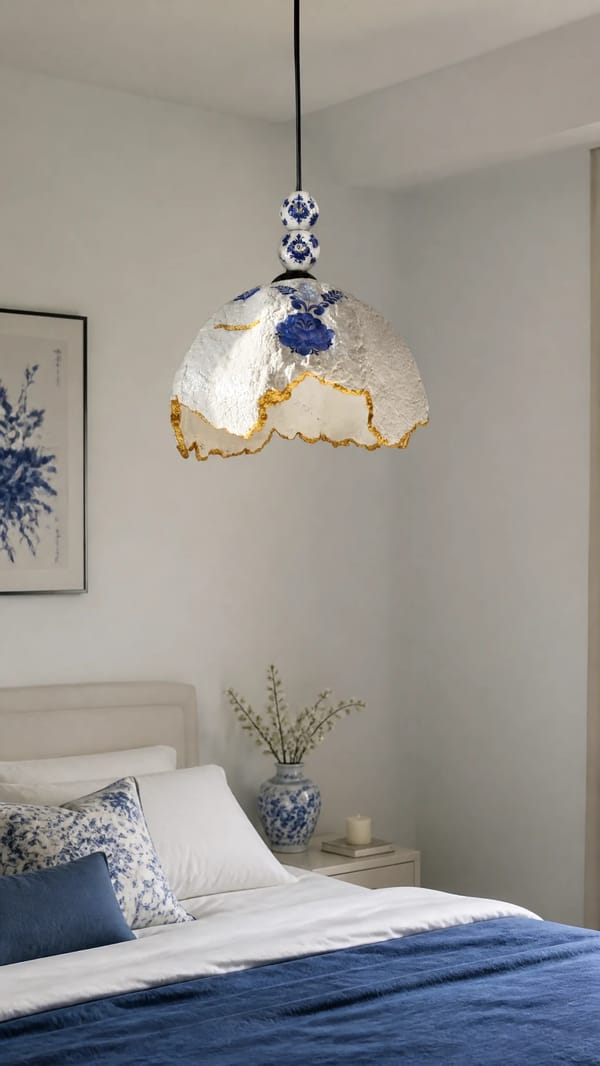 A handcrafted papier-mâché pendant lamp features a rugged, irregular dome shape finished with a tex… prompt example