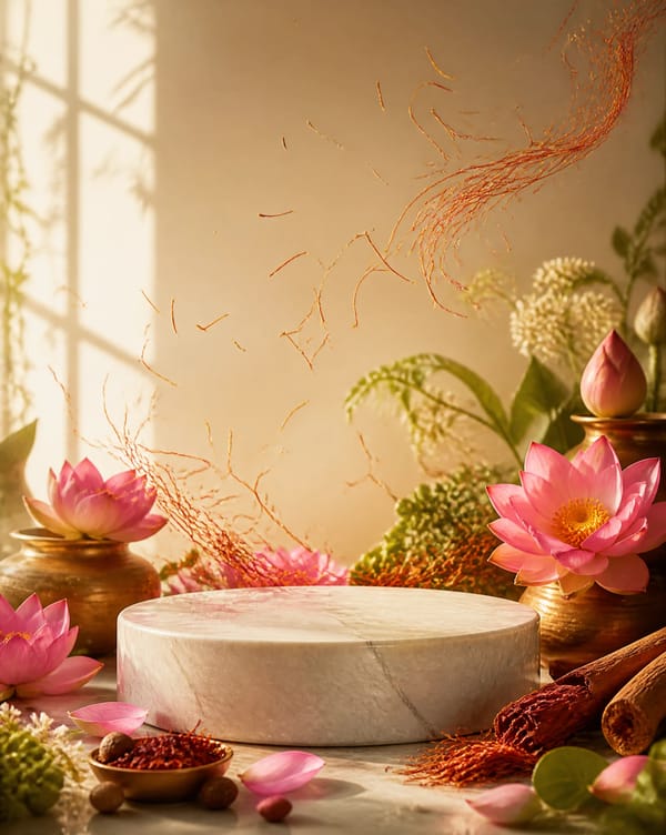 Luxury Ayurvedic skincare backdrop only, no product bottle, close-up composition, large white m…