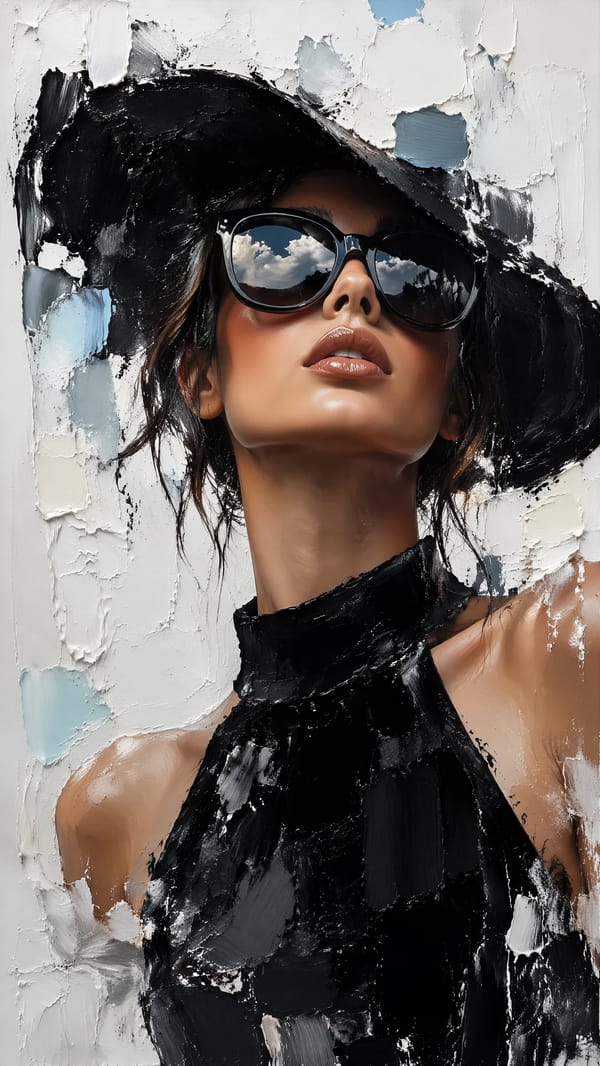 A high-fashion editorial mixed-media portrait of a chic woman, blending realistic facial features w… prompt example