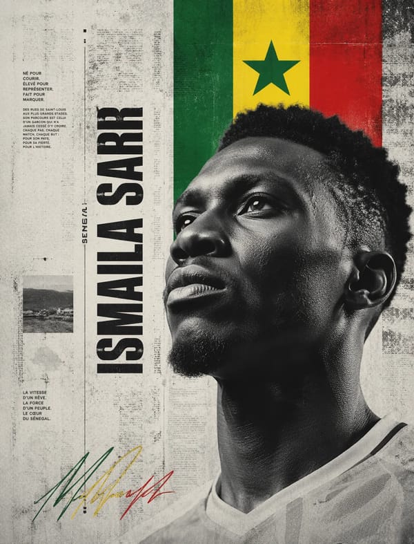 Minimalist Editorial PosterUltra-realistic black-and-white portrait of Ismaila Sarr , low-angle 45°… prompt example
